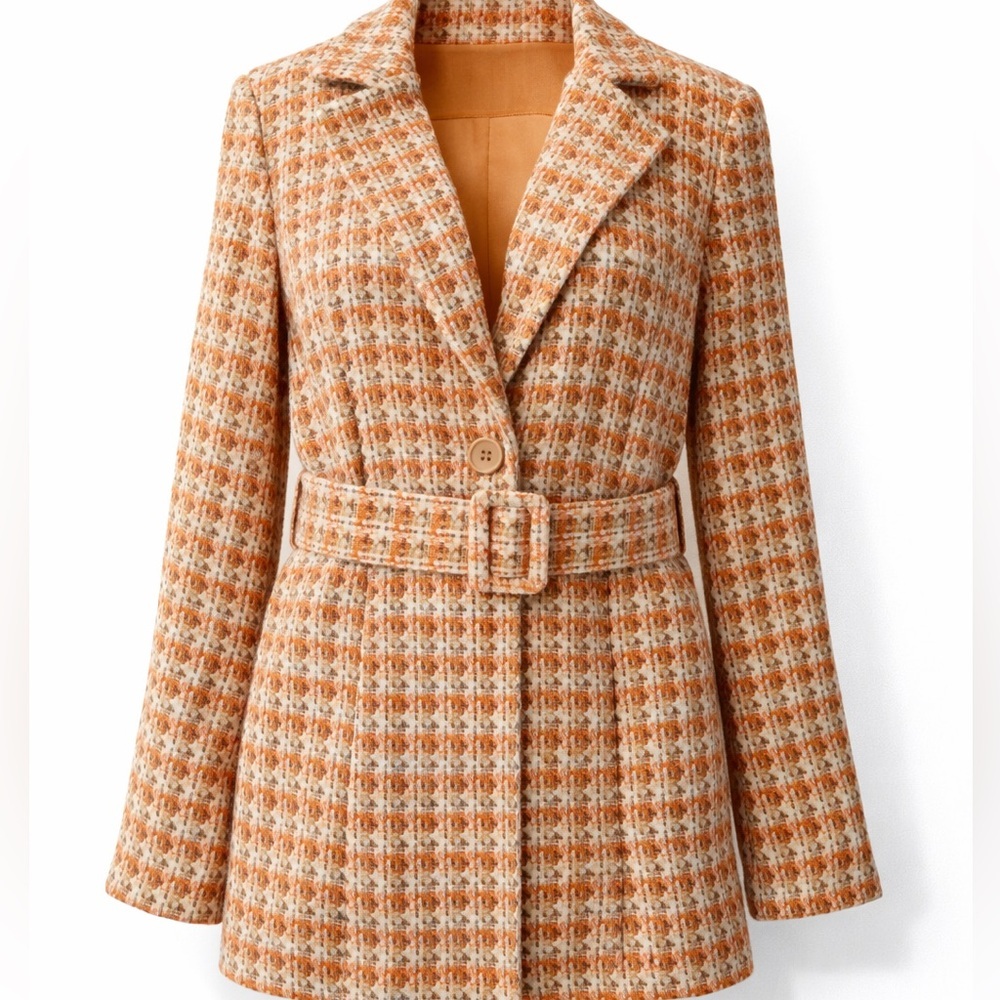 Venti6 Made in Italy Orange Cream Boucle Tweed Belted Blazer Jacket Womens M